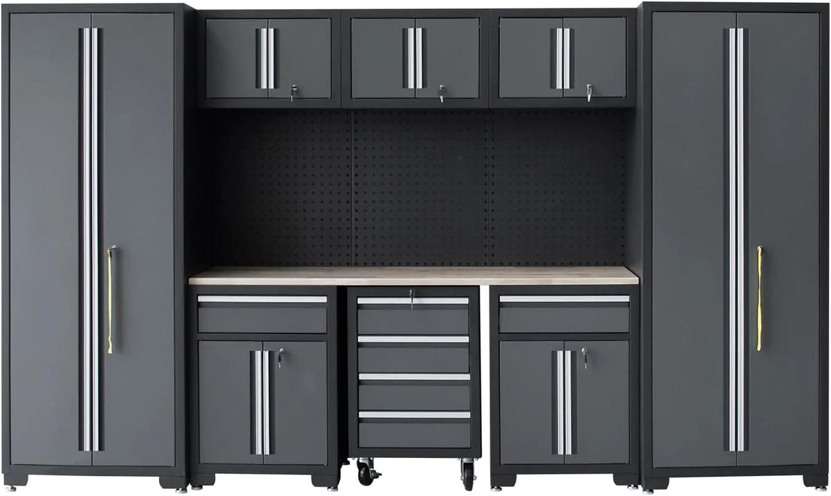 HPDMC Garage Storage Cabinet System 9-Pcs Workshop Set Metal Garage Cabinets and Storage System with Steel Cabinet Drawers, Rolling Chest, Workbench, Pegboard for Garage Tool Organization