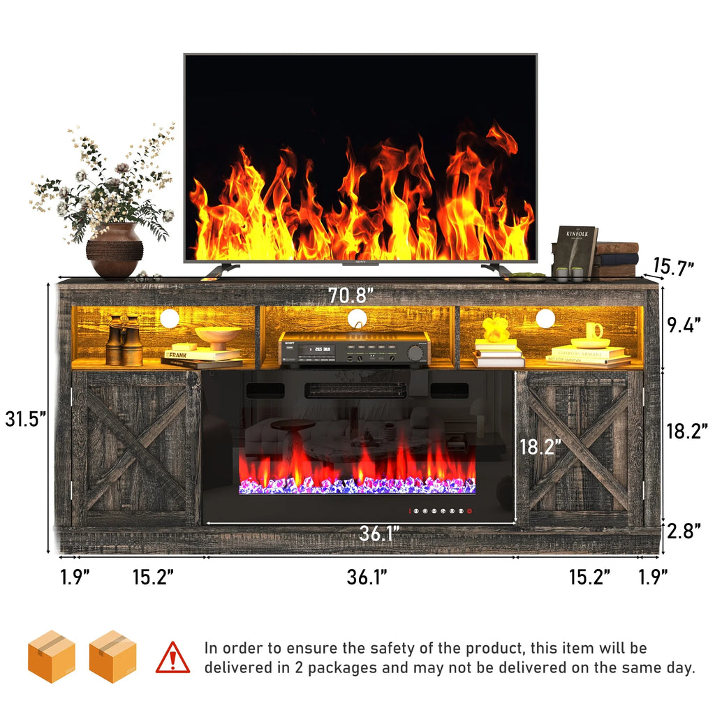 ChVans 70" Fireplace TV Stand for TVs up to 80" with 36" Electric Fireplace, Farmhouse Entertainment Center with LED, Wooden Media Console for Living Room, Bedroom