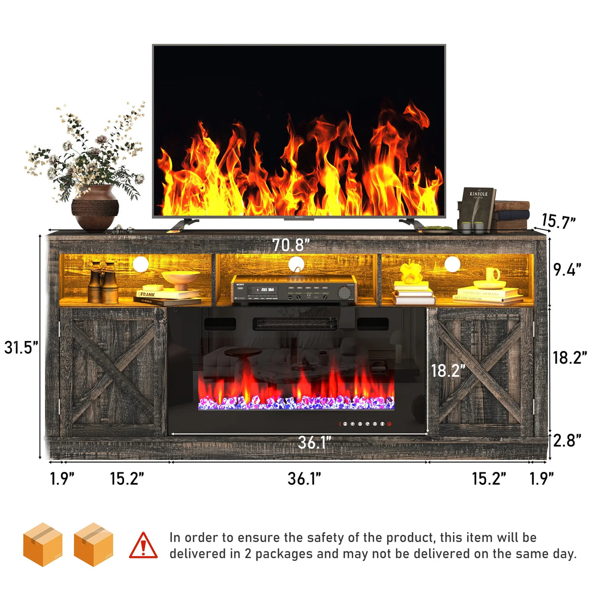 ChVans 70" Fireplace TV Stand for TVs up to 80" with 36" Electric Fireplace, Farmhouse Entertainment Center with LED, Wooden Media Console for Living Room, Bedroom