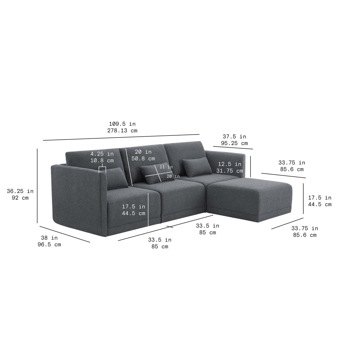 Beautiful Drew Modular Sectional Sofa with Ottoman by Drew Barrymore, Gray Fabric