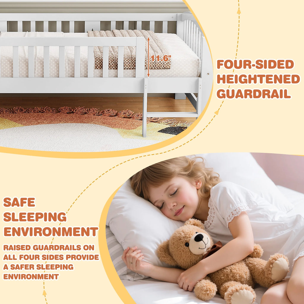 SESSLIFE Twin Size Platform Bed, Solid Wood Twin Bed Frame with Slats, Fence Guardrail Ladder, Twin Floor Bed with Strong Legs for Boys Girls, No Box Spring Needed, Holds 400 lbs, White