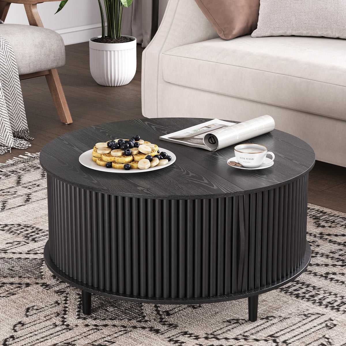 JOINICE Round Coffee Table with Storage and Sliding Door,Mid Century Modern Wooden Center Table,for Living Room,Walnut