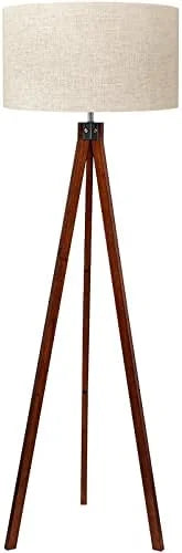 Wood Tripod Floor Lamp, Mid Century Standing Lamp, Modern Design Studying Light for Living Room, Bedroom, Study Room and Office, Flaxen Linen Shade with E26 Base Brown