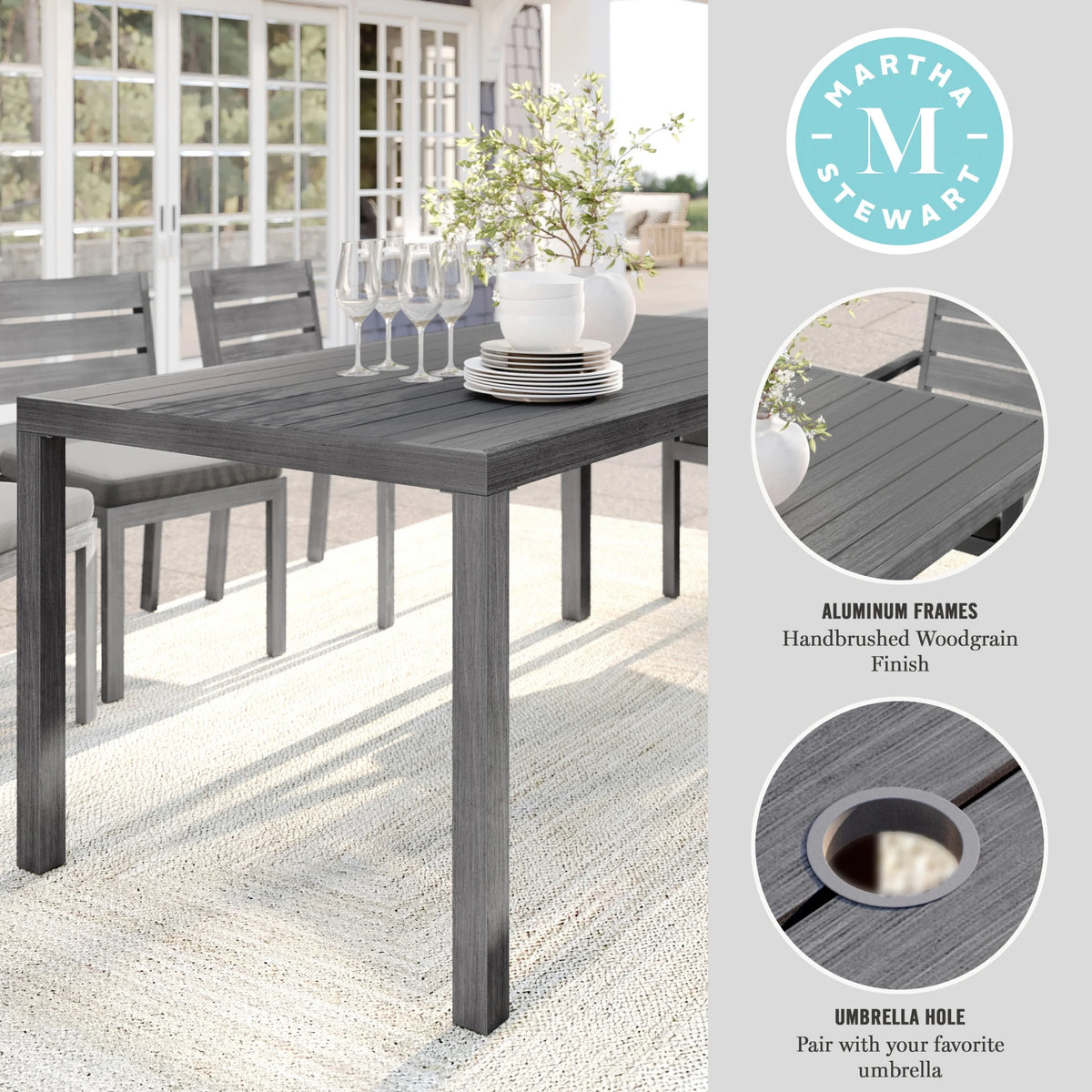 Martha Stewart 71" Indoor-Outdoor Patio Table with Gray Brushed Woodgrain Aluminum Finish