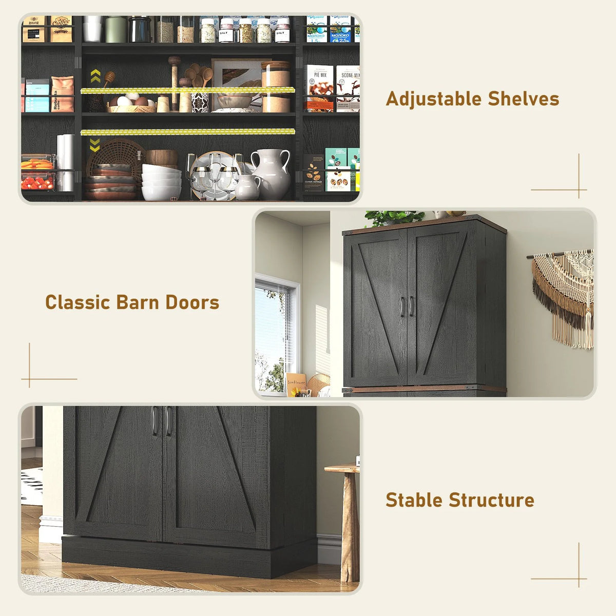 71" Tall Farmhouse Kitchen Pantry with 12 Side Shelves & Adjustable Shelves, 5 Layers Pantry Storage Cabinet w/Load-Bearing Steel Pipe & 4 Barn Doors for Kitchen, Dining Room, Living Room, Brown