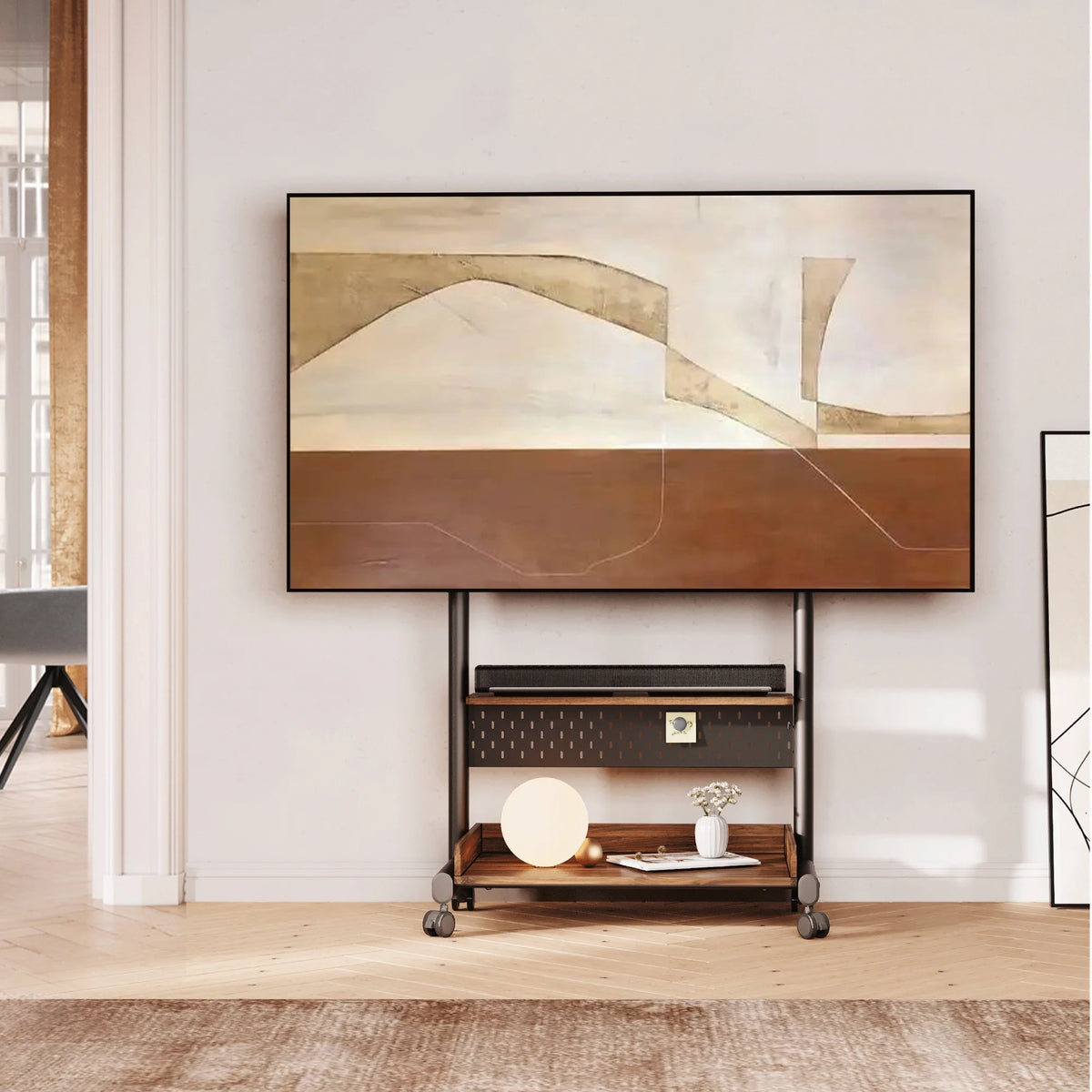 FITUEYES Rolling TV Stand with Wheels for 40-85 inch TVs, Height Adjustable Mobile TV Stand TV cart with Wooden Large Storage,White