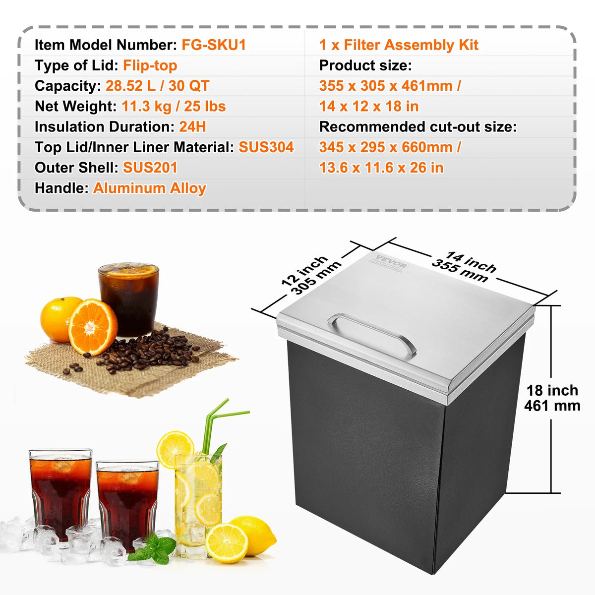 KFFKFF 14"x12"x18" Drop in Ice Chest Ice Cooler Ice Bin Stainless Steel w/Cover