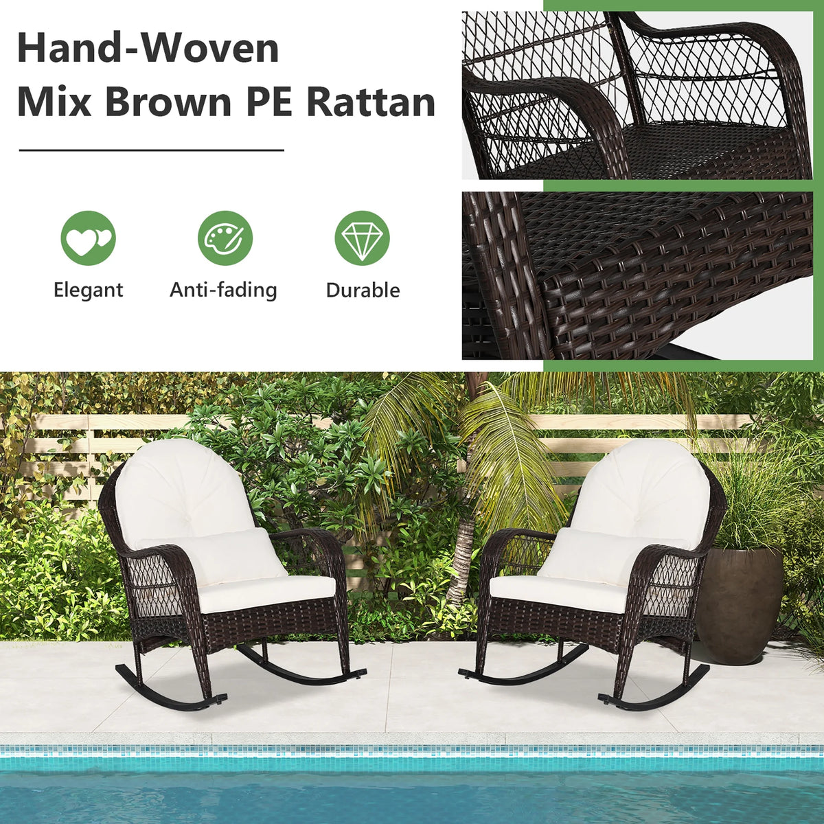 Costway Patio Wicker Rocking Chair W/Seat Back Cushions & Lumbar Pillow Porch Off White