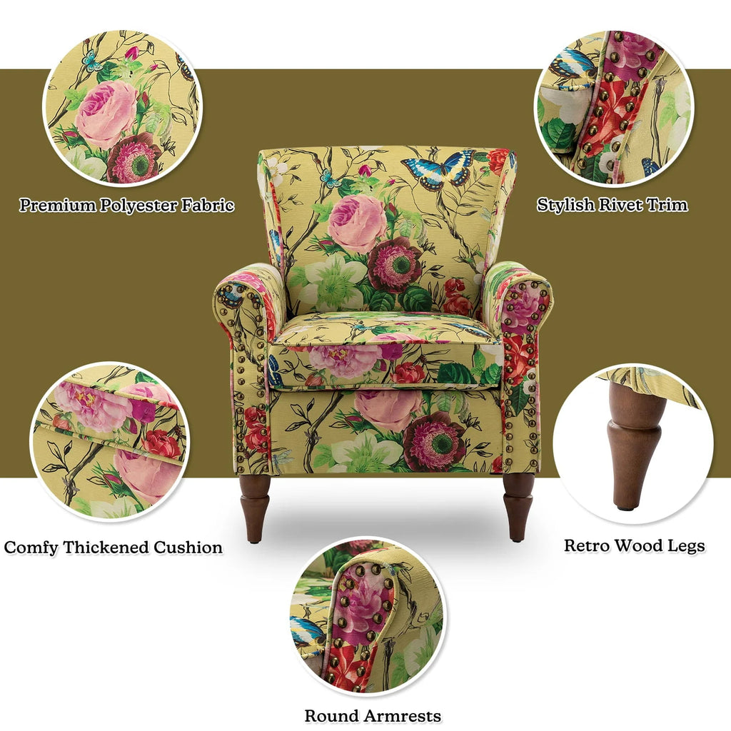14 Karat Home Wingback Accent Chair Removable Cushion Floral Upholstered Sofa Armchair Couch Wood Legs Nailhead Trim Mustard