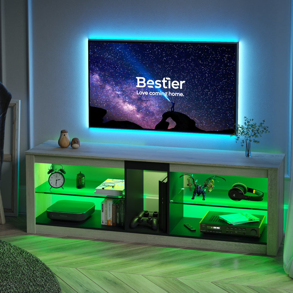 Bestier Entertainment Center with LED Lights TV Stand Media Console Table for TVs up to 60" in Light Grey