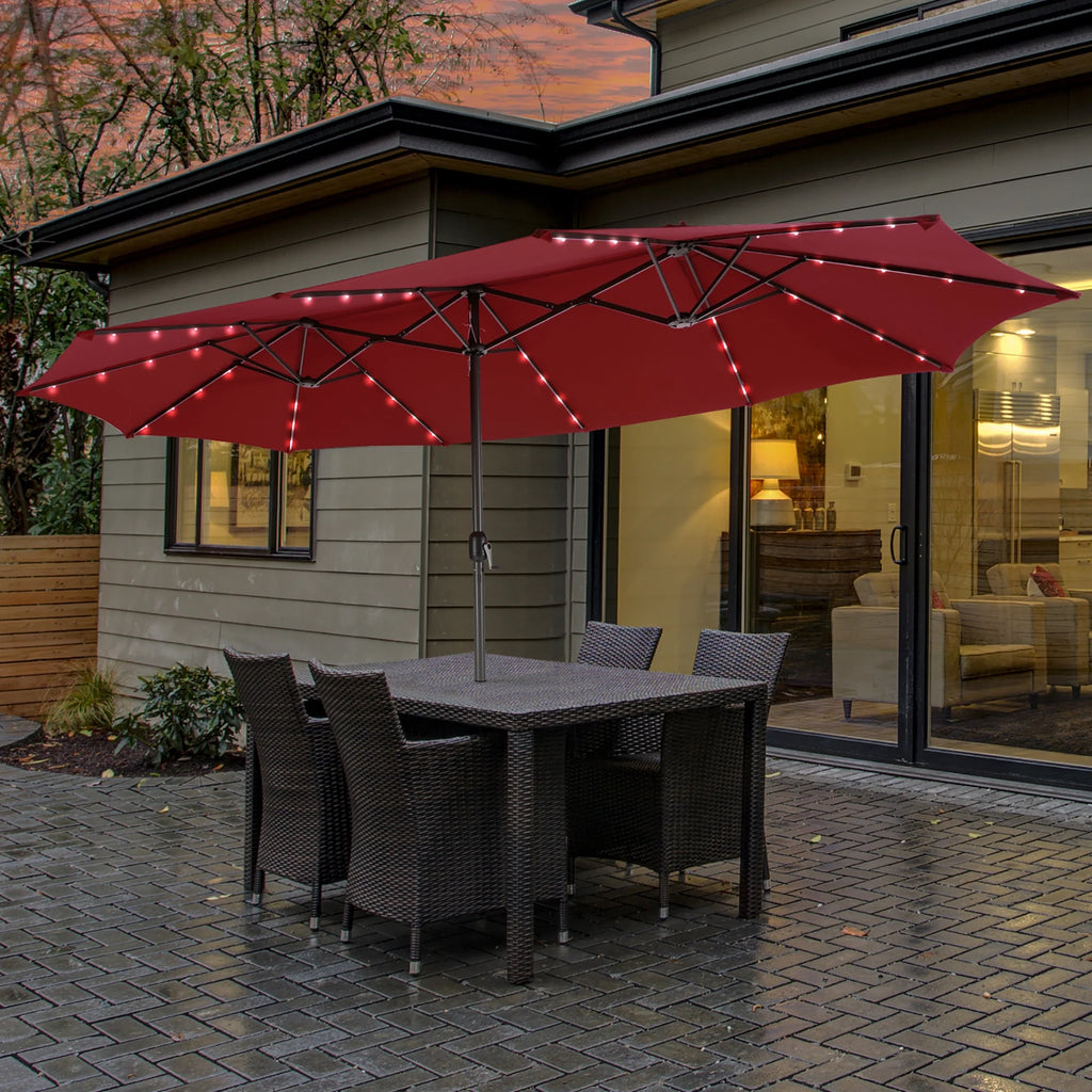 Costway 15FT Twin Patio Double-Sided Umbrella 48 Solar LED Lights Crank Outdoor Beige
