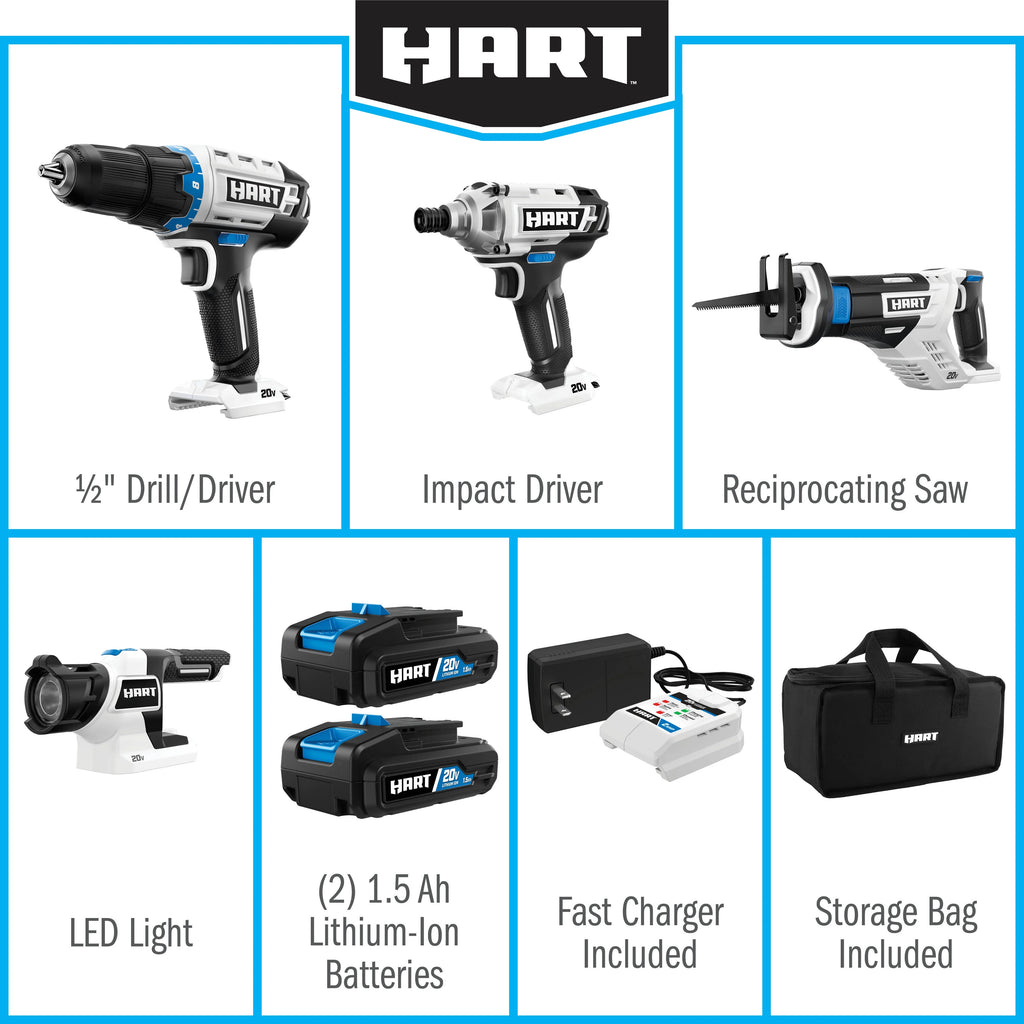 HART 20 Volts 4-Tool Battery-Powered Combo Kit, (2) 1.5Ah Lithium-Ion Batteries