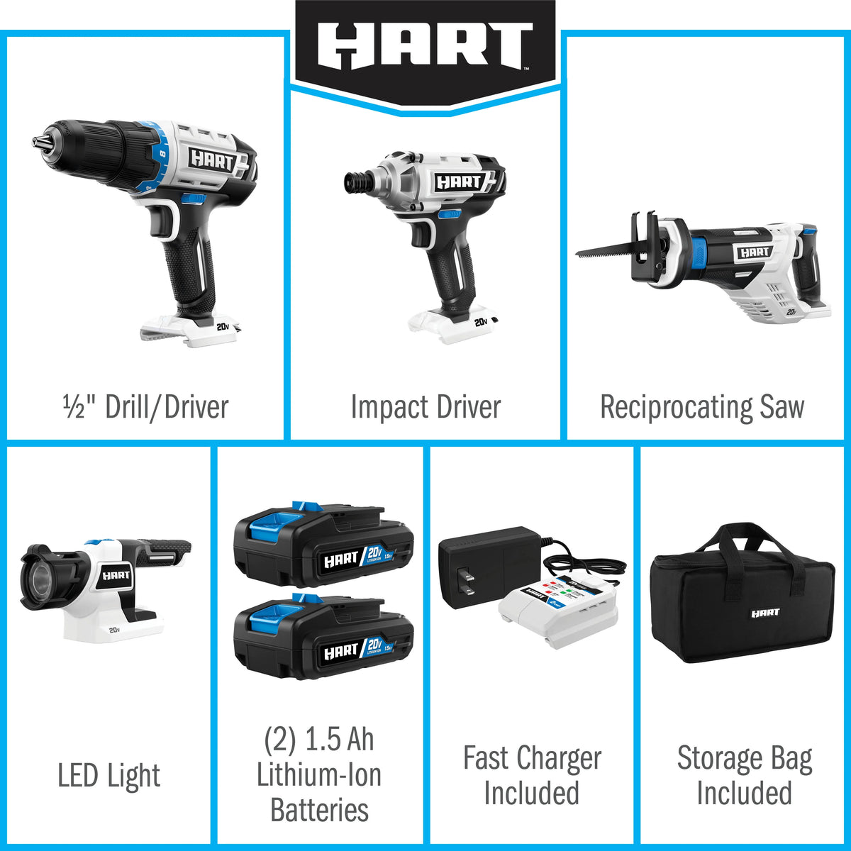 HART 20 Volts 4-Tool Battery-Powered Combo Kit, (2) 1.5Ah Lithium-Ion Batteries