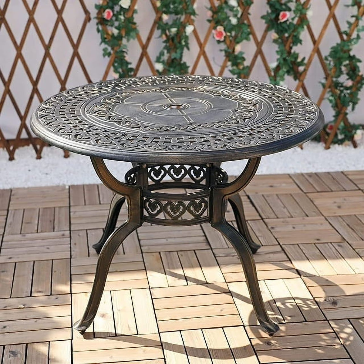 VIVIJASON 38.3" Patio Bistro Table Outdoor Dining Round Table Bronze Cast Aluminum Table with Umbrella Hole