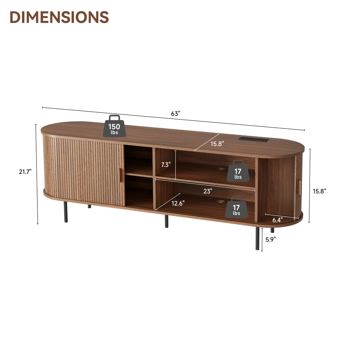 MARNUR 63" TV Stand for 70" TV, Wood Entertainment Center with Storage and Shelves, 2 Sliding Tambour Doors, Mid-Century Modern, Walnut