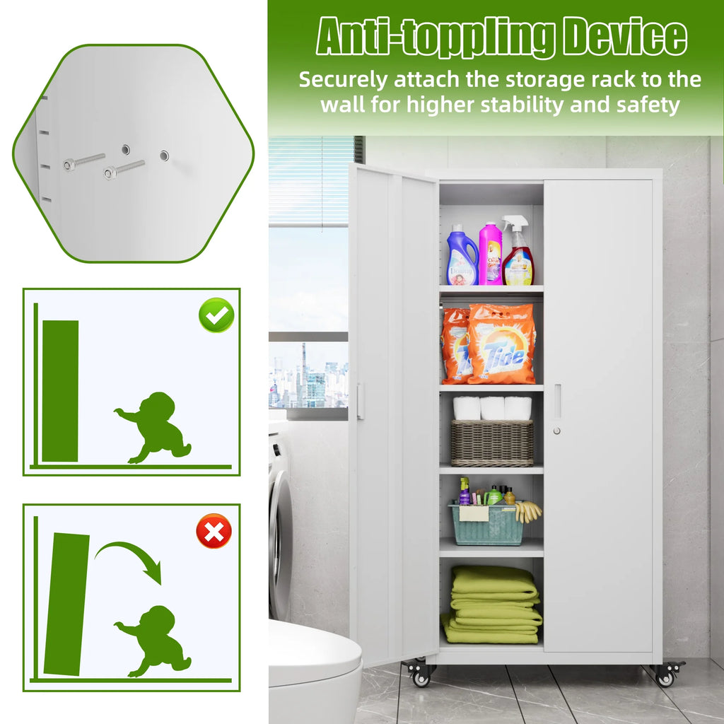 SUPEER 71" Metal Storage Cabinets with Wheels and Pegboards, Industrial Cabinet with 2 Drawers and 2 Adjustable Shelves,, Assembly Required