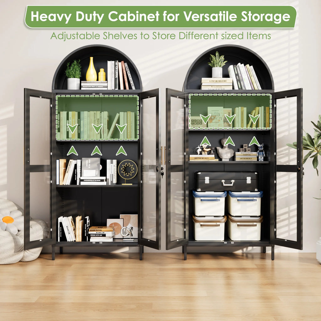 SUPEER Metal Arched Storage Display Cabinet with Glass Doors and Adjustable Shelves, Lockable Cabinet, Assembly Required, Black