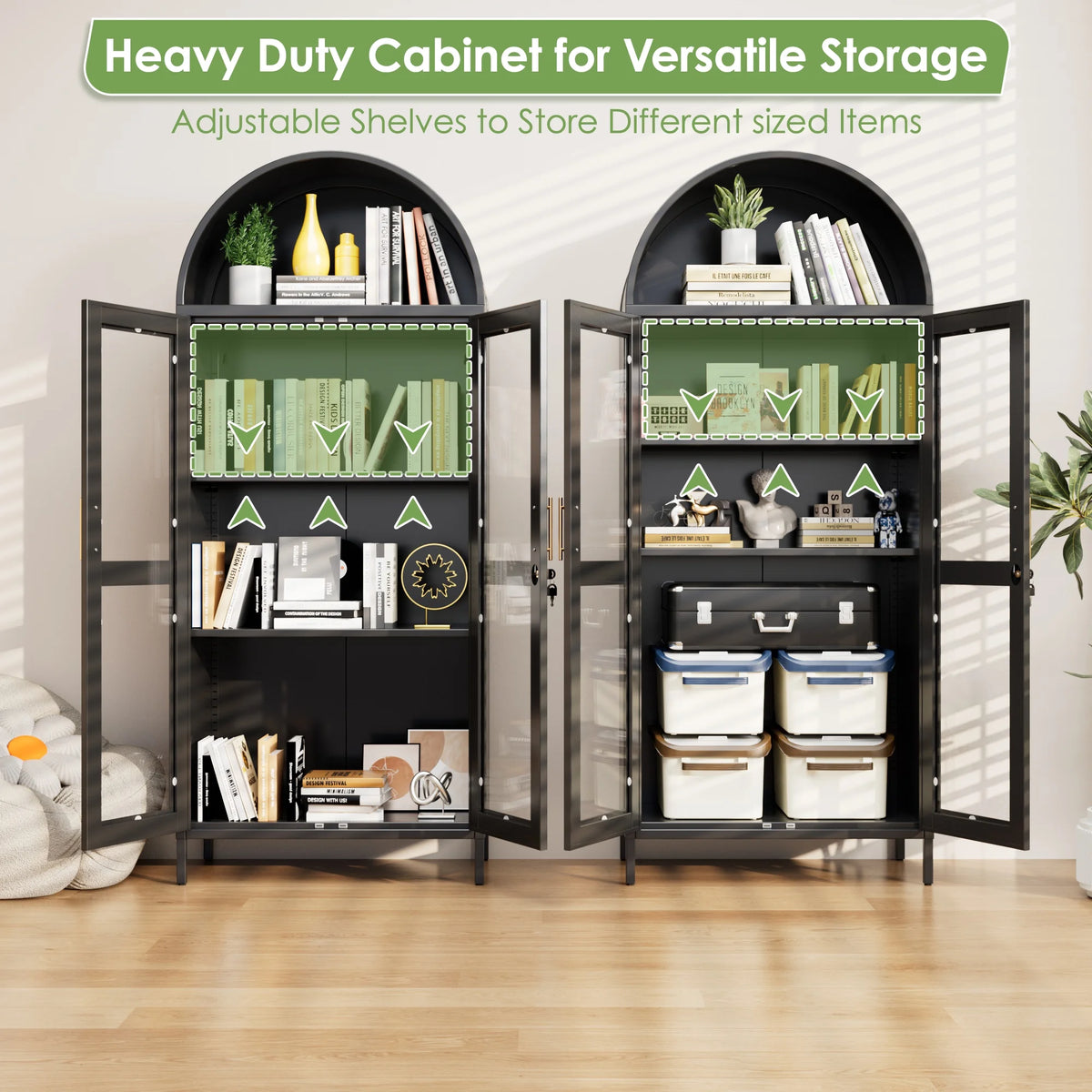 SUPEER Metal Arched Storage Display Cabinet with Glass Doors and Adjustable Shelves, Lockable Cabinet, Assembly Required, Black