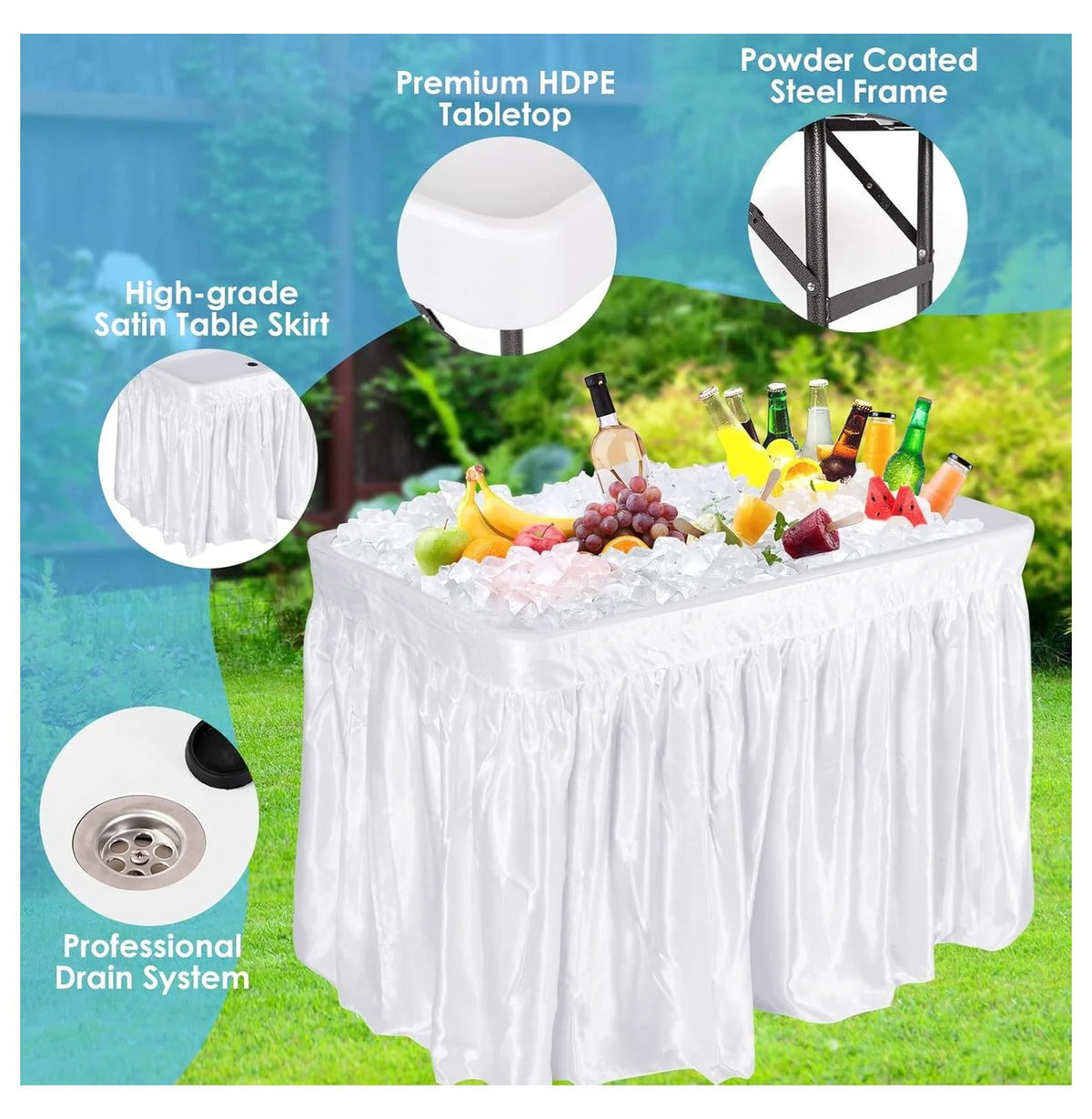 Folding Ice Cooler Table - Portable Beverage Cooler, Buffet Server with Skirt & Drain - Party, Picnic, BBQ, Camping - White 24 in x 47.5 in x 32.5 in
