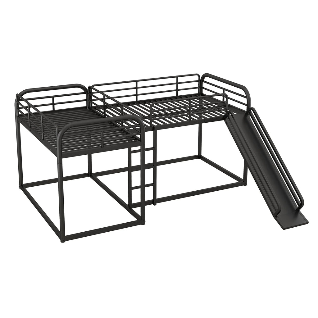 Full and Twin Size L-Shaped Quadruple Metal Bunk Bed with Slide for Kids, Black