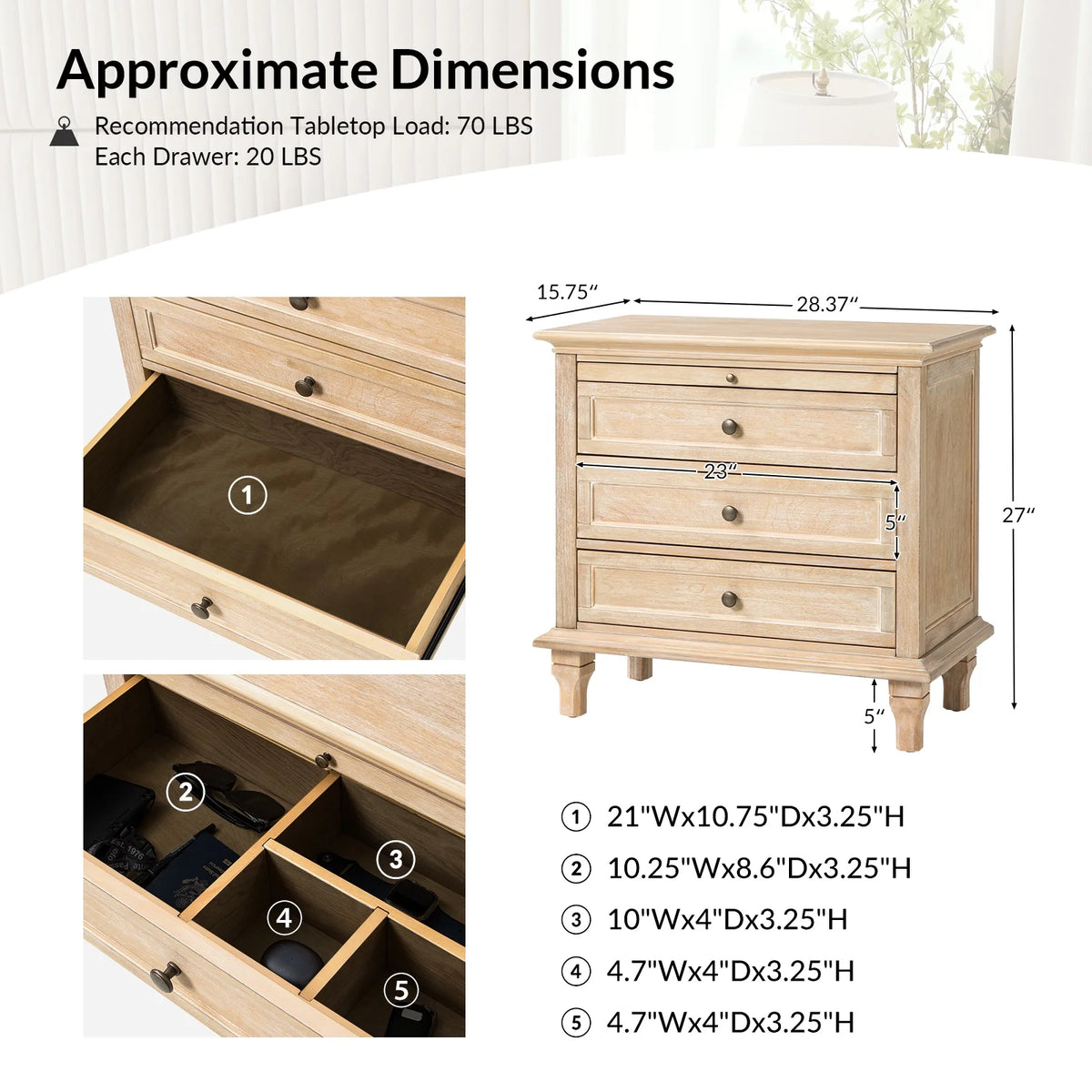 Farmhouse 3 Drawers Nightstand with Tray Bedside Table with Charging Station Acorn