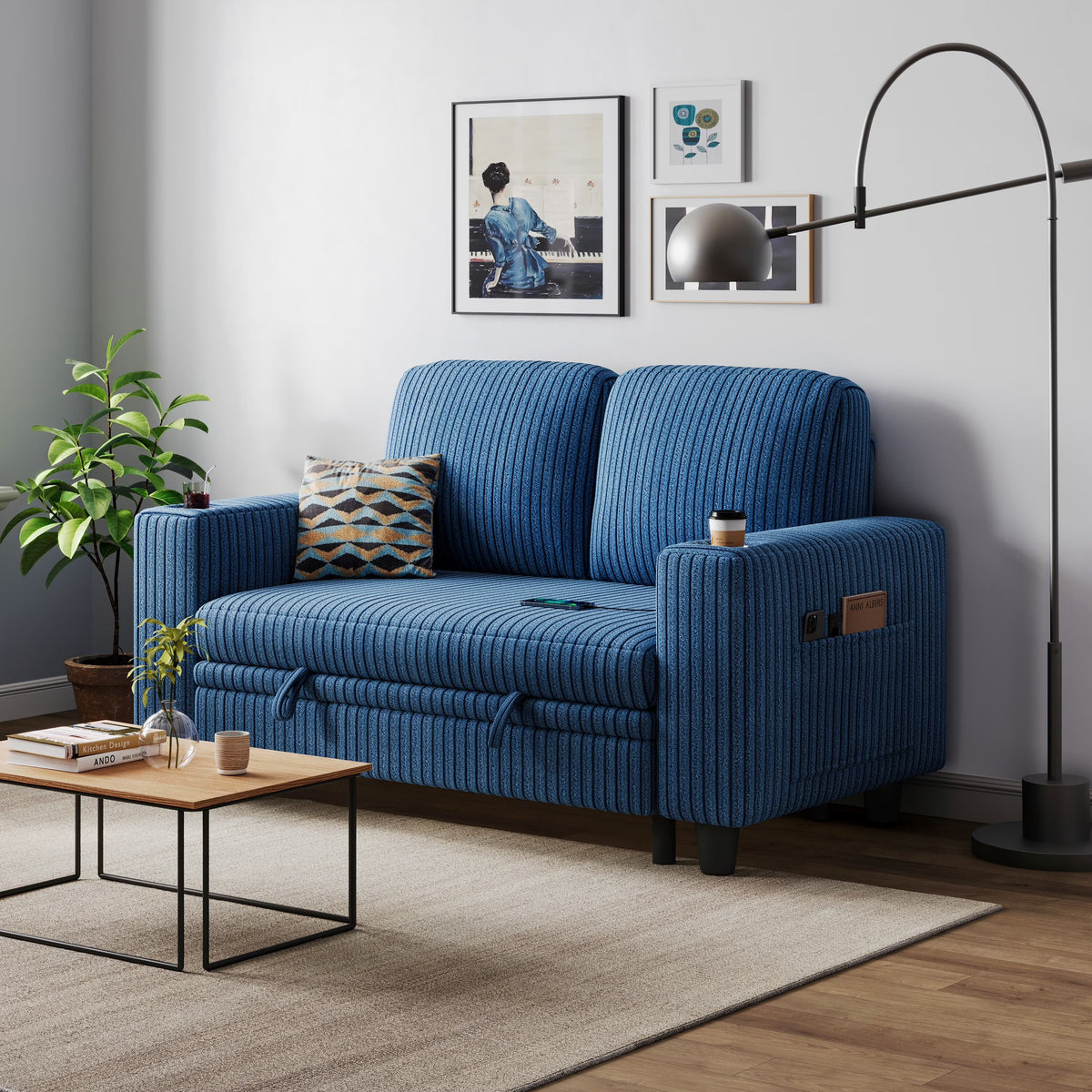 Linsy Home Plush Corduroy Pull Out Couch Chaise Lounge, Convertible Loveseat Sofa Couch With Usb & Cup Holder, Green