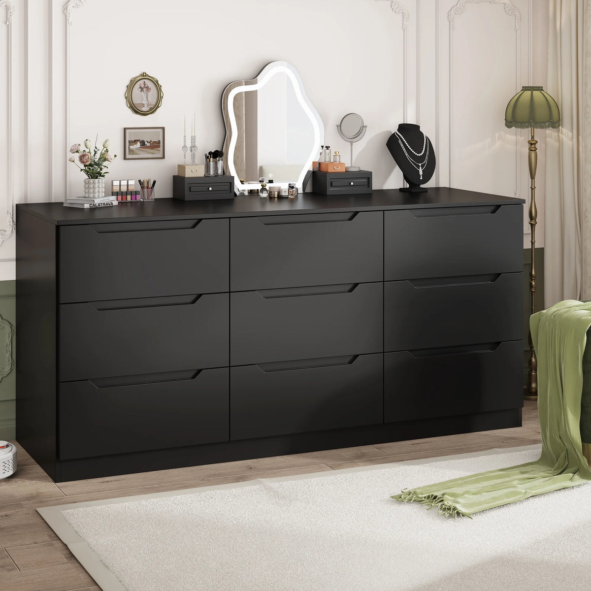 Winkalon 9 Drawers Double Dresser, Modern Wood Dresser Chest of Drawers with Large Storage Space for Bedroom,Living Room, Hallway, Black