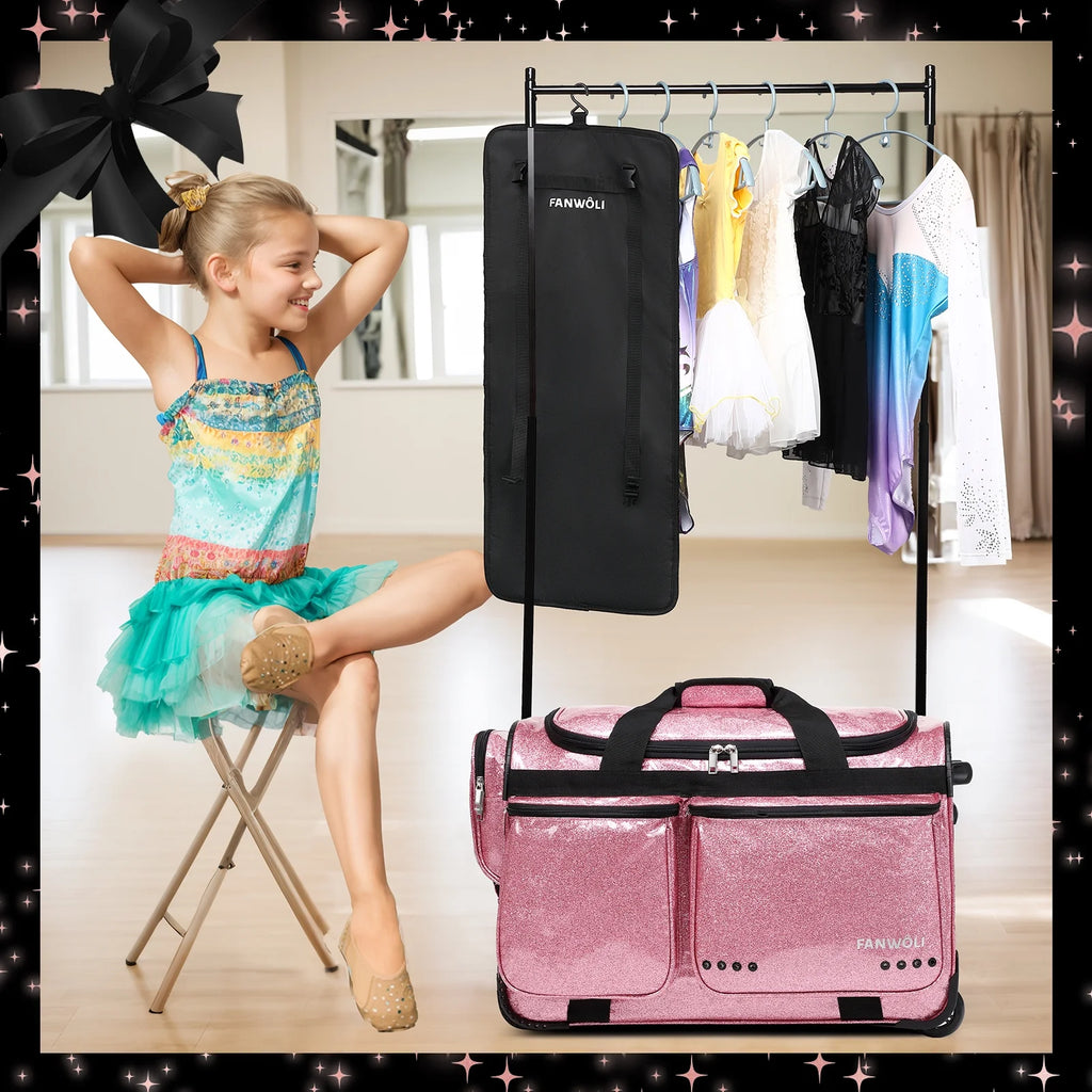 Dance Bag with Garment Rack,23"Glitter Rolling Dance Competition Bag with Organizer Bag, Collapsible Dance Travel Bag Suitcase for Dancers Performer Artist,Pink