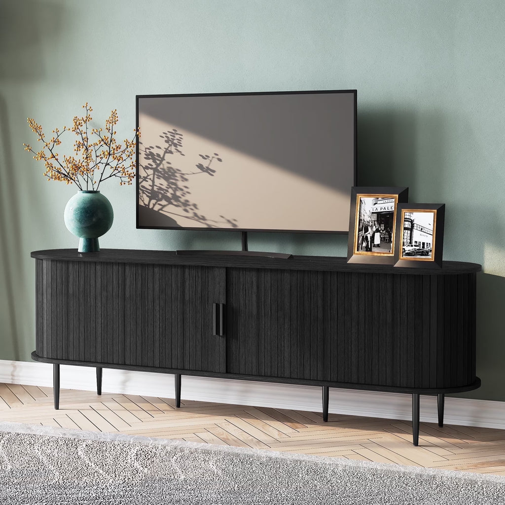 HLR 70" Mid Century TV Stand With Tambour Door For TVs Up To 80", Entertainment Center With Storage, Brown