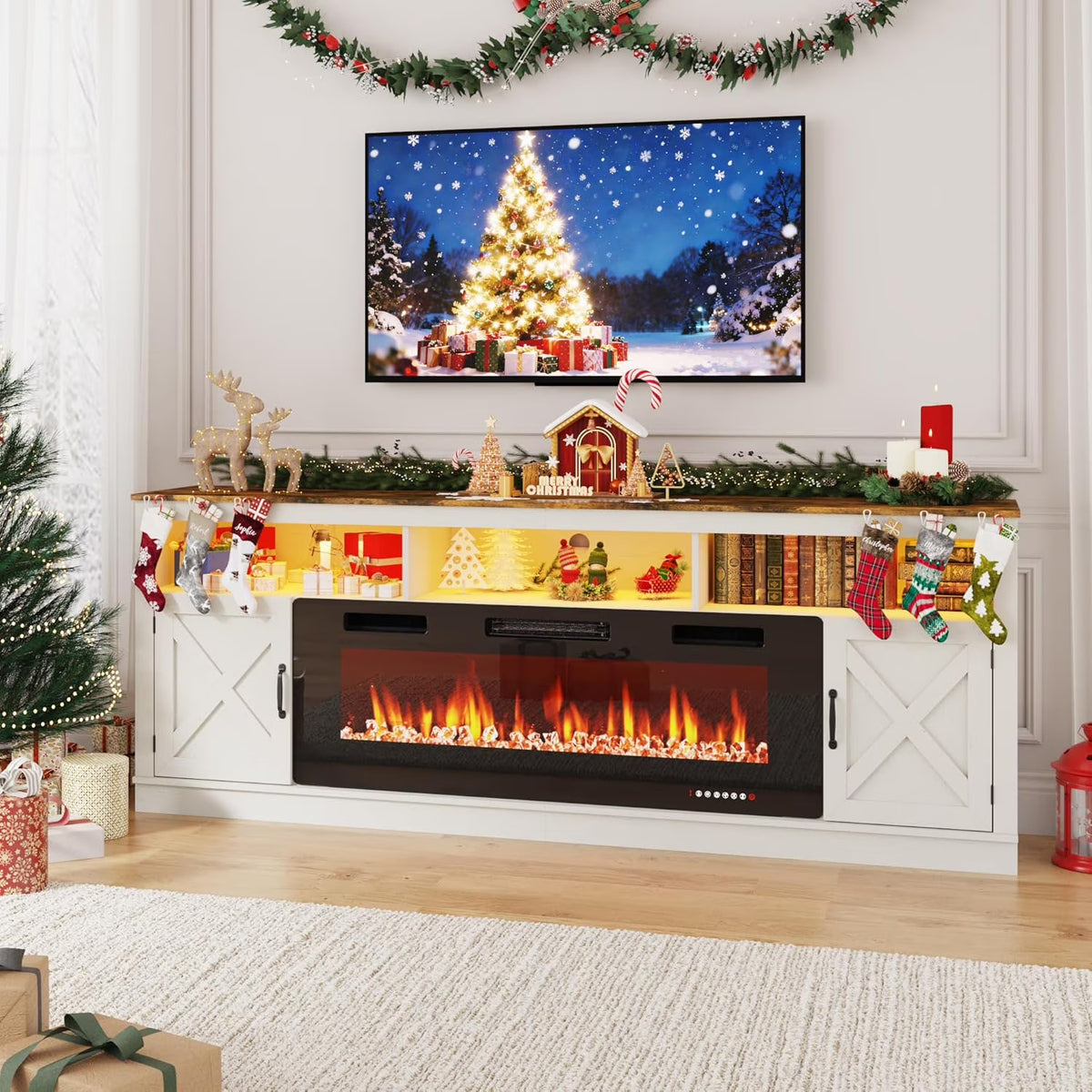ChVans 70" Fireplace TV Stand for TVs up to 80" with 36" Electric Fireplace, Farmhouse Entertainment Center with LED, Wooden Media Console for Living Room, Bedroom