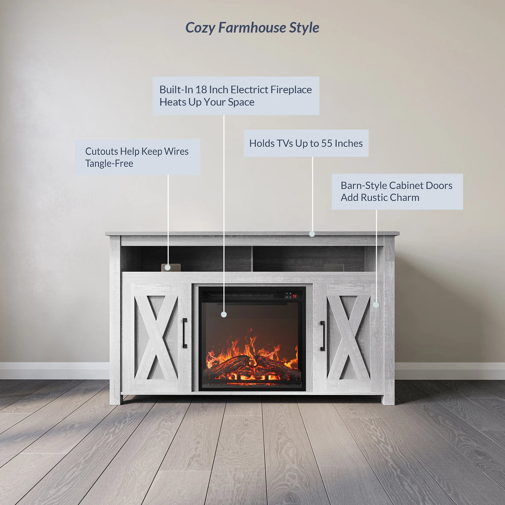BELLEZE 58 Inch TV Stand, Contemporary Entertainment Center for TVs up to 65", Wood Media Console Table with Two Open Shelves and Barn Door Cabinets - Corin (White)