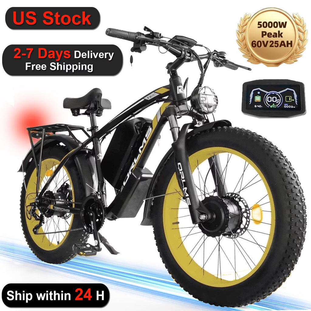 (US in Stock) 5000W Peak Dual Motor Electric Bike for Adults , 60V 25AH Removable Battery Ebike , 50MPH AWD 21-Speed Mountain Snow E-Bike with 26" x 4.0 Fat Tire, Long Range Mountain Off-Road EBikes
