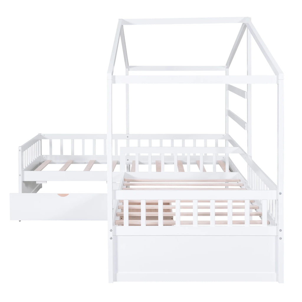 Bellemave House Bed Double Twin Beds, Wood L-Shape Twin Bed with 3 Storage Drawers, Montessori Bed with Roof and Fencefor Toddler Kids Girls Boys (White)