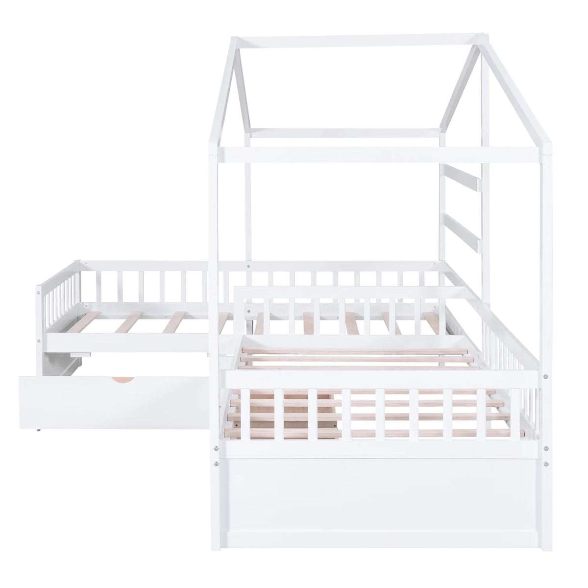 Bellemave House Bed Double Twin Beds, Wood L-Shape Twin Bed with 3 Storage Drawers, Montessori Bed with Roof and Fencefor Toddler Kids Girls Boys (White)