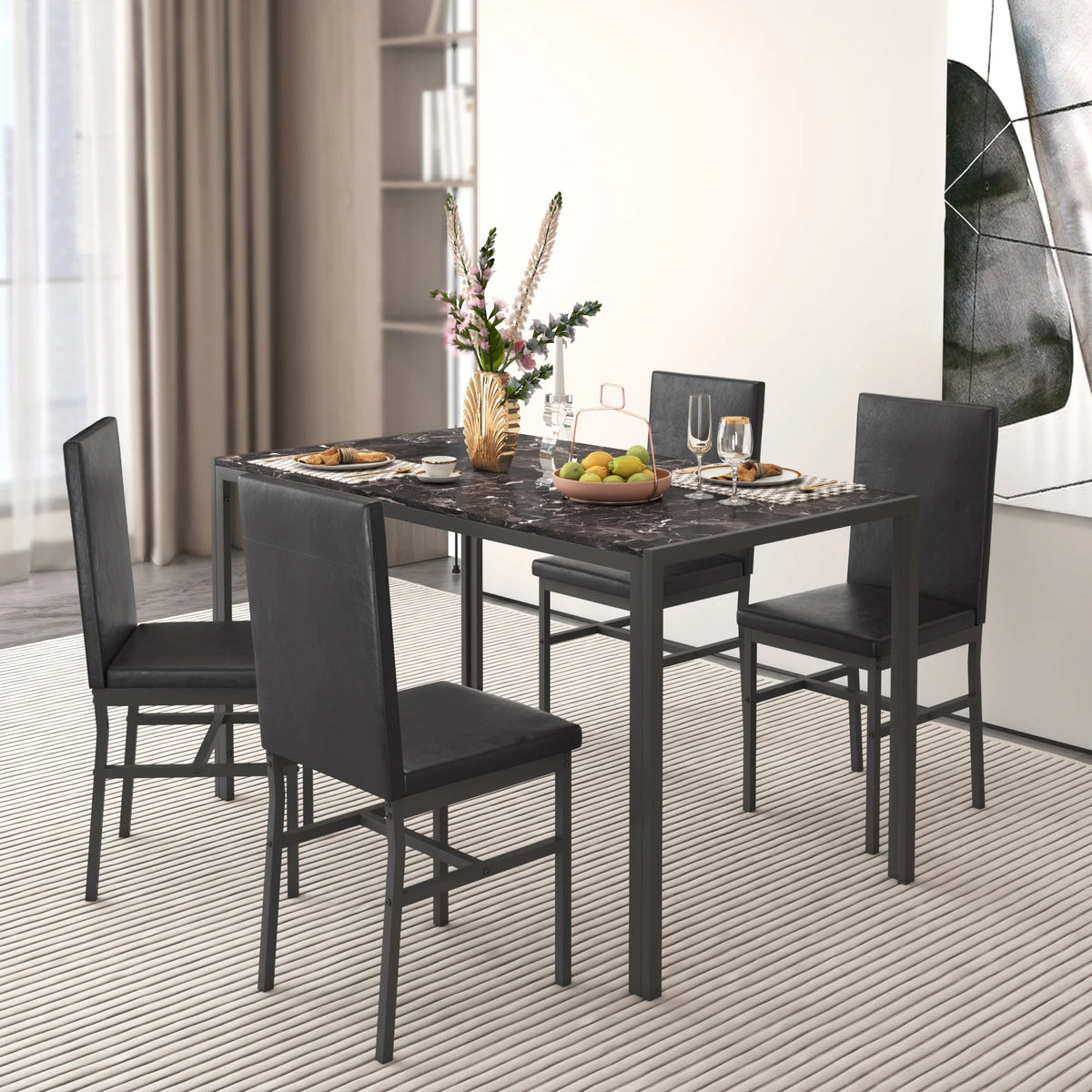 5 Piece Dining Set, Modern Dining Table and Chairs Set for 4, Counter Height Bar Table Set, Modern Pub Table with 4 Velvet Fabric Cushioned Stools, Faux Marble Dining Table & Stools Set, D9297