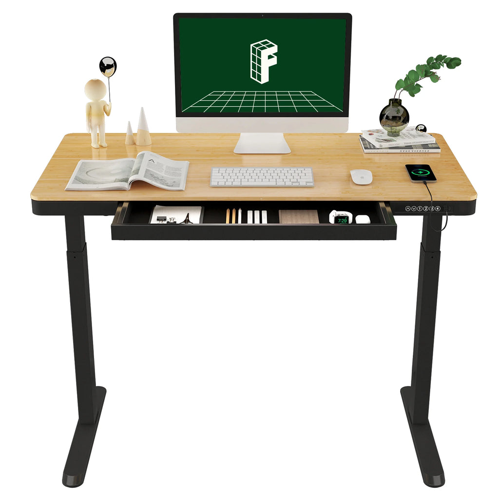 FLEXISPOT 48" W Home Office Height Adjustable Standing Desk White and Maple with USB Charge Ports and Embedded Drawer