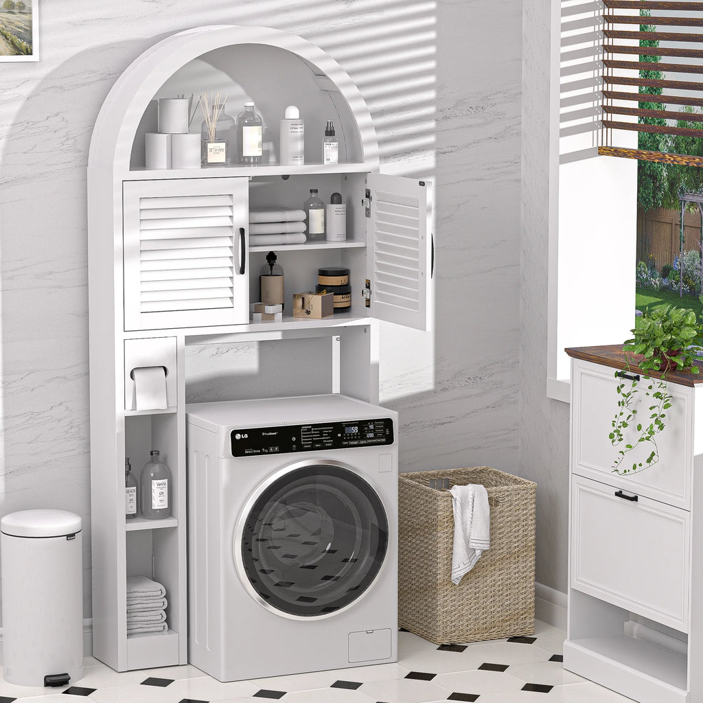 HARIPUL Over The Toilet Storage Cabinet w/ Unique Wood Grain & Arc Design, Freestanding Bathroom Shelf Organizer Space Saver w/ Doors & Anti-Tip Device, Wood Color