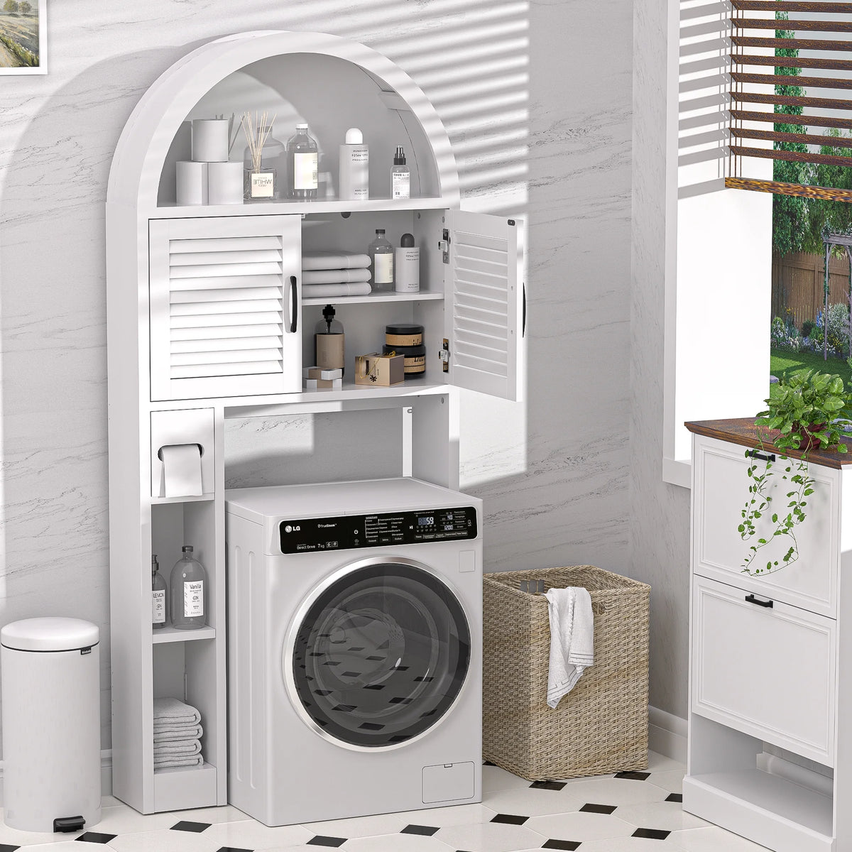 HARIPUL Over The Toilet Storage Cabinet w/ Unique Wood Grain & Arc Design, Freestanding Bathroom Shelf Organizer Space Saver w/ Doors & Anti-Tip Device, Wood Color
