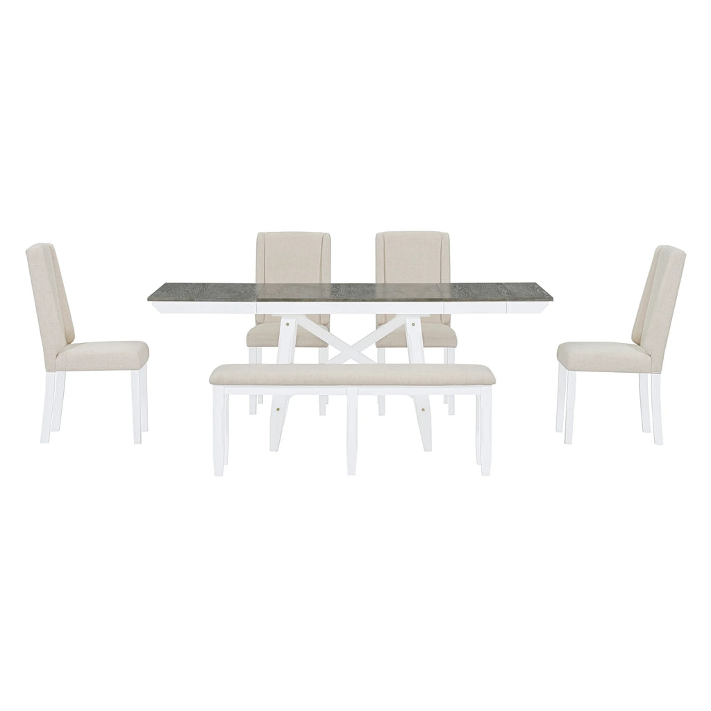 6 Piece Extendable Dining Table Set, Atumon Wood Dining Room Set for 6, Dining Table Set with 4 Beige Cushioned Chairs and Bench, Farmhouse Dining Table Set Furniture for Kitchen Dining Room, Natural