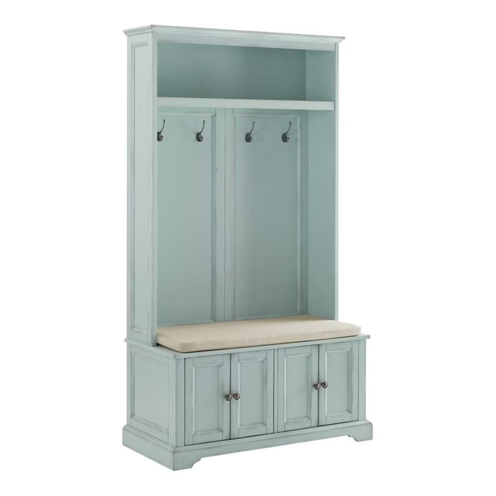 Bowery Hill Traditional Wood Hall Tree in Seafoam Blue/Oatmeal
