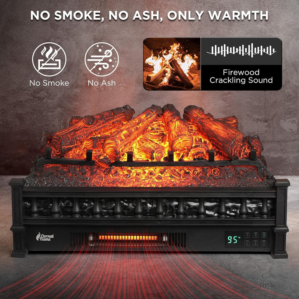 TURBRO Eternal Flame 26 in. WiFi Infrared Quartz Electric Fireplace Log Heater with Sound Crackling, Realistic Pinewood Logs, Adjustable Flame Colors, Remote Control, Thermostat, Timer, 1500W Bronze