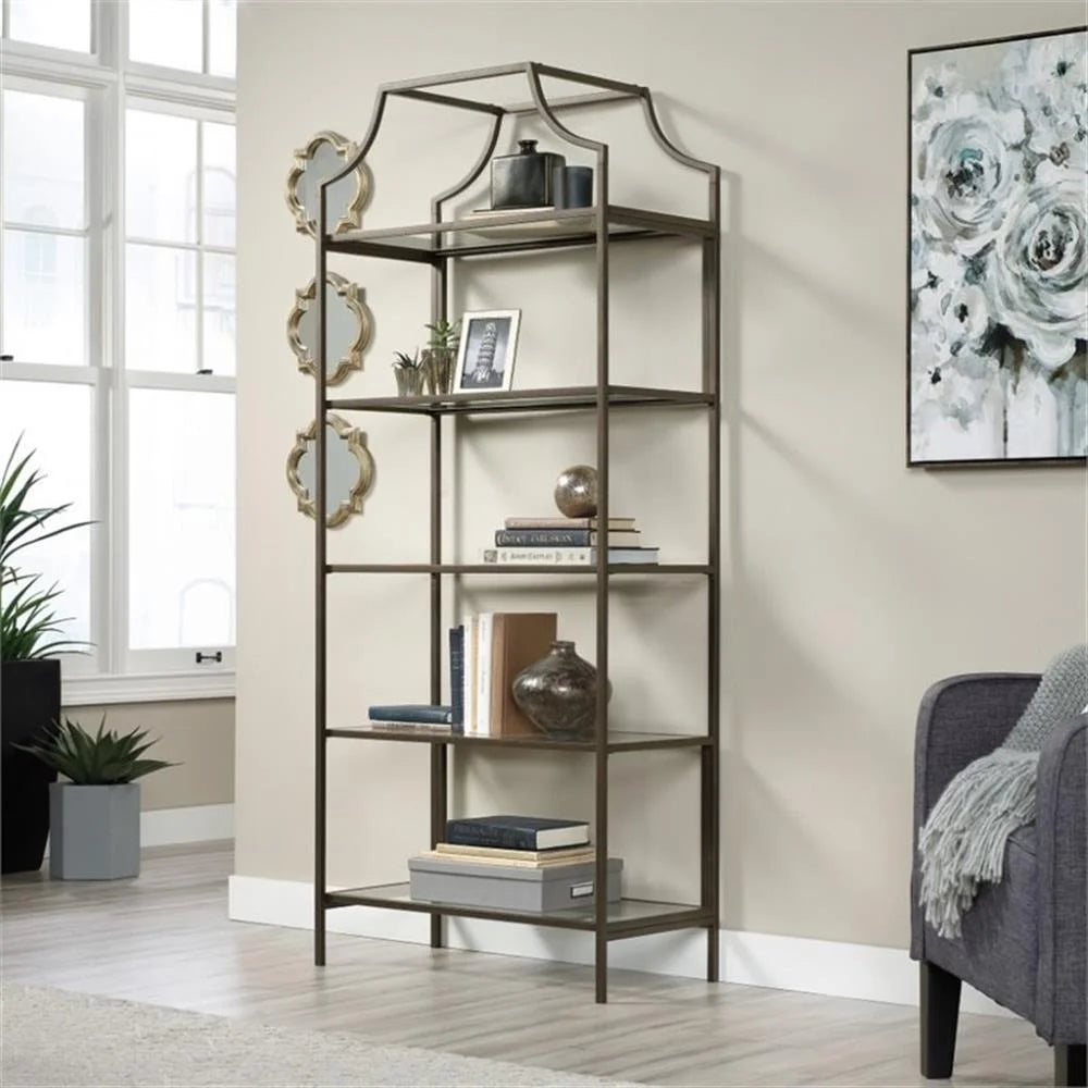 Pemberly Row 5-Shelf Modern Metal Bookcase in Gold Satin/Faux Deco Stone