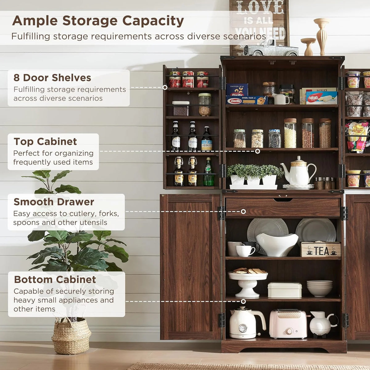 47" Kitchen Pantry, Farmhouse Storage Cabinet with Barn Doors, Organizer and Adjustable Shelves, Rustic Wood Cupboard for Kitchen, Dining Room, Bathroom and Hallway, Black