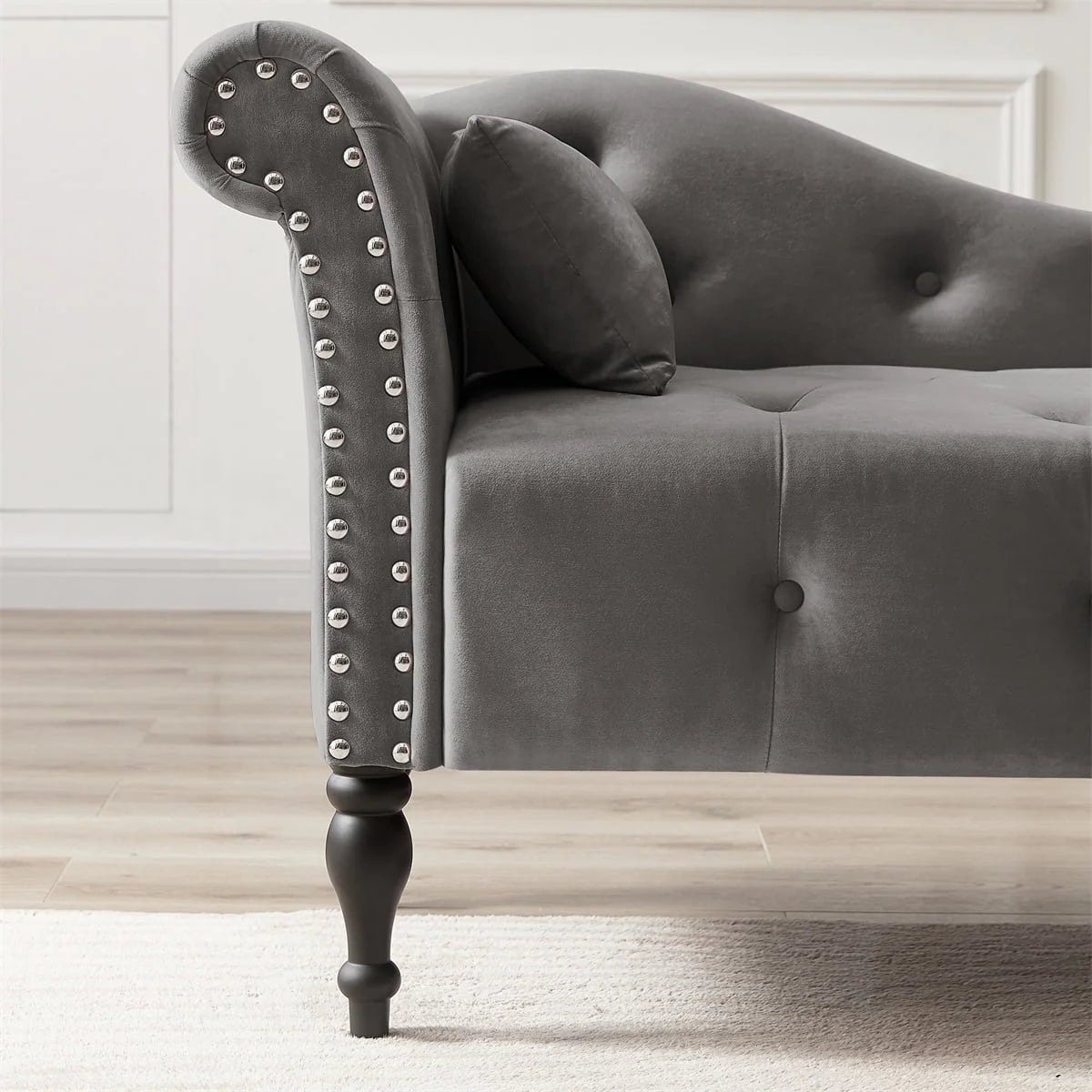 Velvet Chaise Lounge, Rolled Arm Chaise Lounges with 1 Pillow & Solid Wood Legs, 60.6" Left Arm Tufted Lounger Sleeper Sofa Facing Chaise Lounge with Buttons Tufted Nail Head Trimmed, Grey
