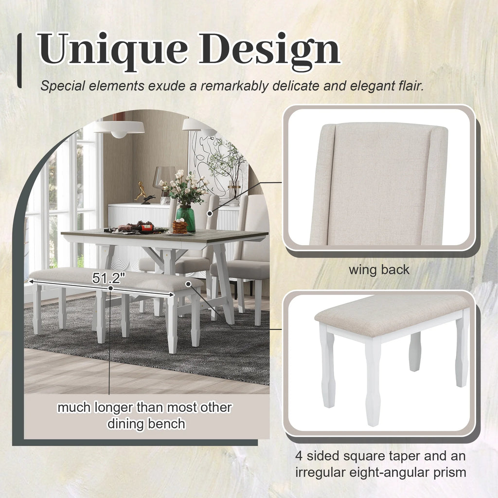 6 Piece Extendable Dining Table Set, Atumon Wood Dining Room Set for 6, Dining Table Set with 4 Beige Cushioned Chairs and Bench, Farmhouse Dining Table Set Furniture for Kitchen Dining Room, Natural