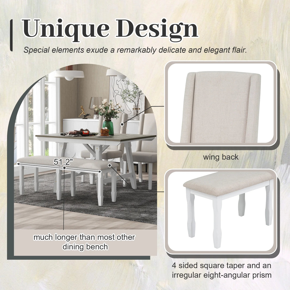 6 Piece Extendable Dining Table Set, Atumon Wood Dining Room Set for 6, Dining Table Set with 4 Beige Cushioned Chairs and Bench, Farmhouse Dining Table Set Furniture for Kitchen Dining Room, Natural