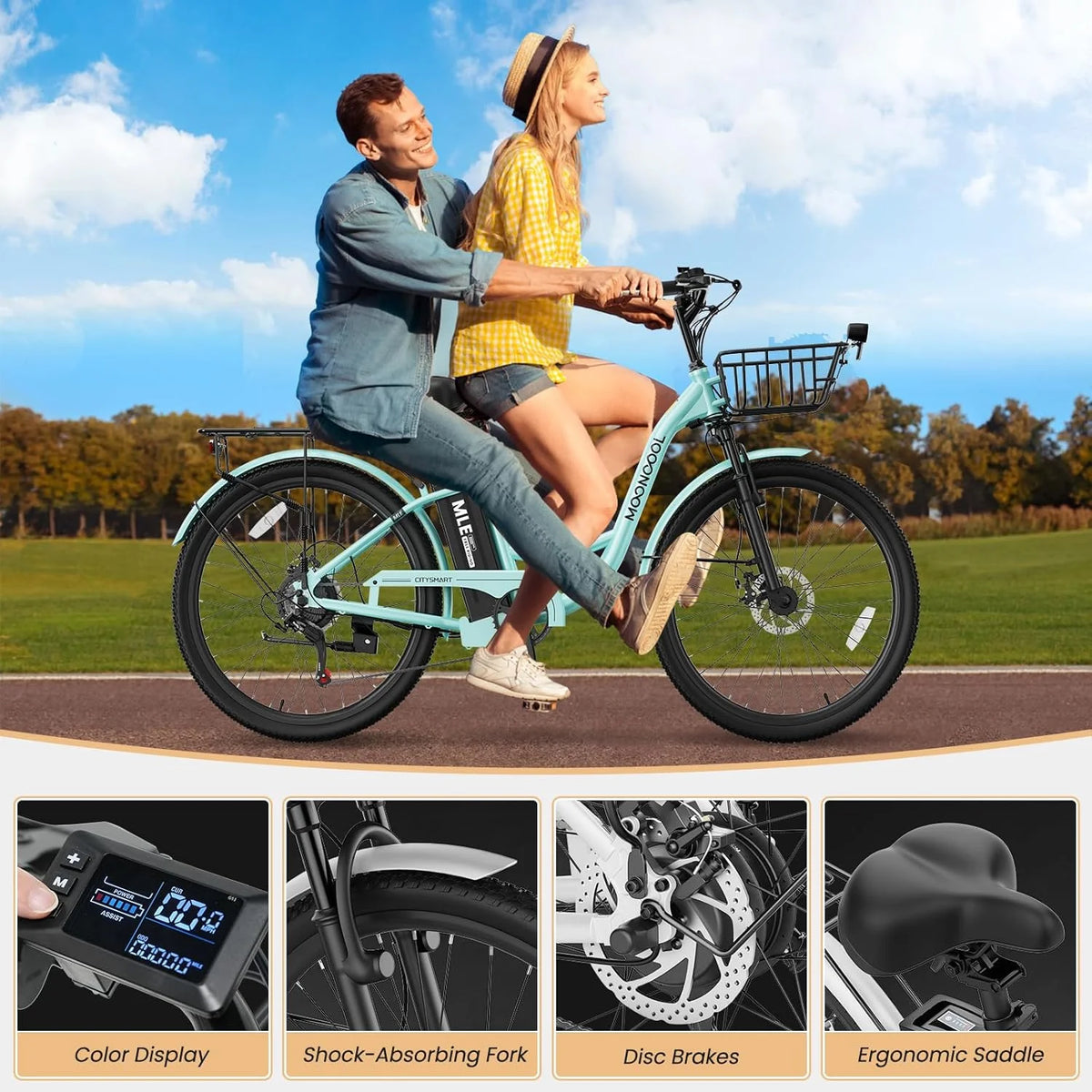 MOONCOOL Electric Bicycle for Adults 350W , 7-Speed Ebike with 36V 10.4Ah Removable Battery， 40 Miles Range , 20 mph Electric Commuter Bike for Women Men, Certified to UL 2849 by SGS
