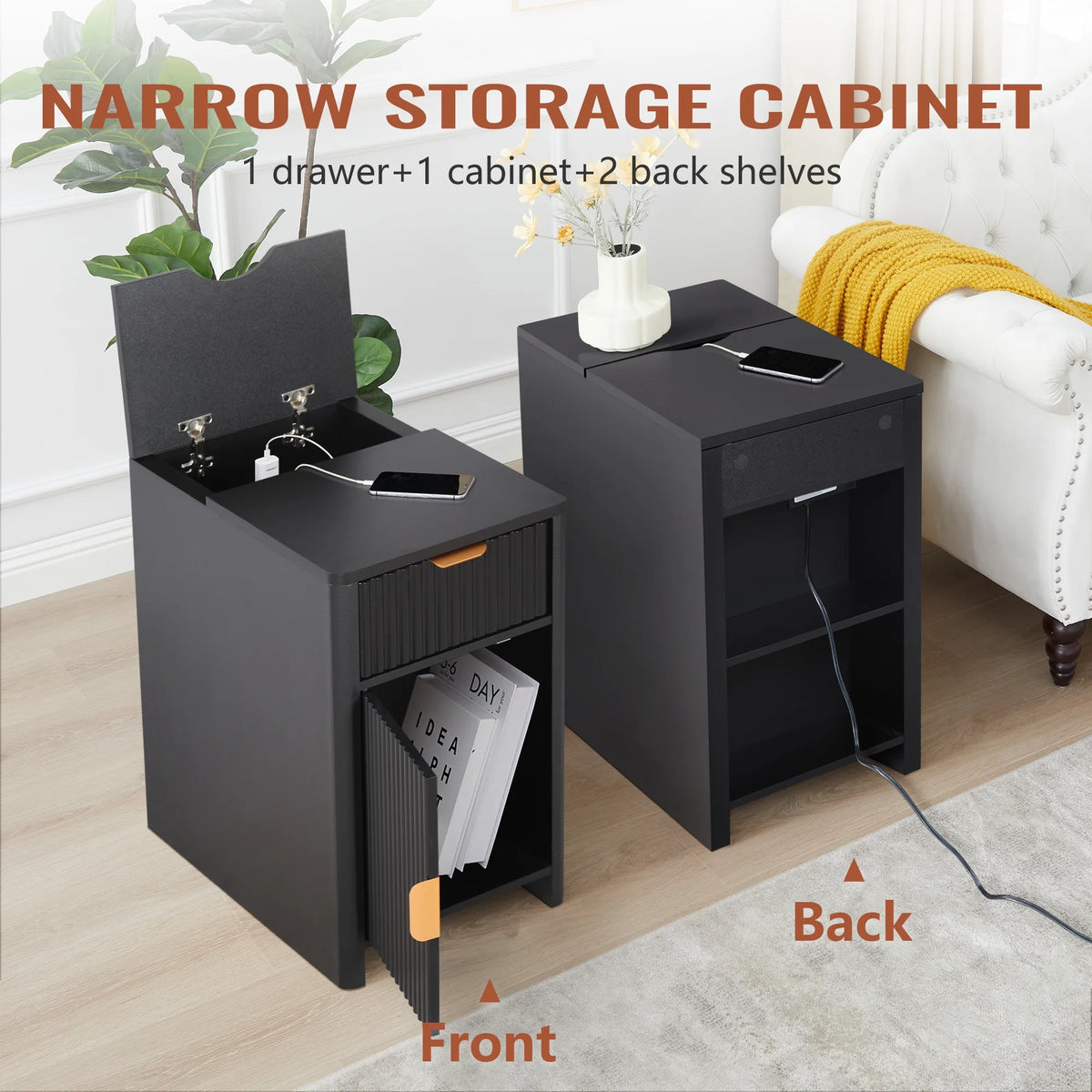 YOCWO Fluted Nightstand for Bedroom Set of 2 , Wood Bedside Table Set of 2 with Drawers, Black