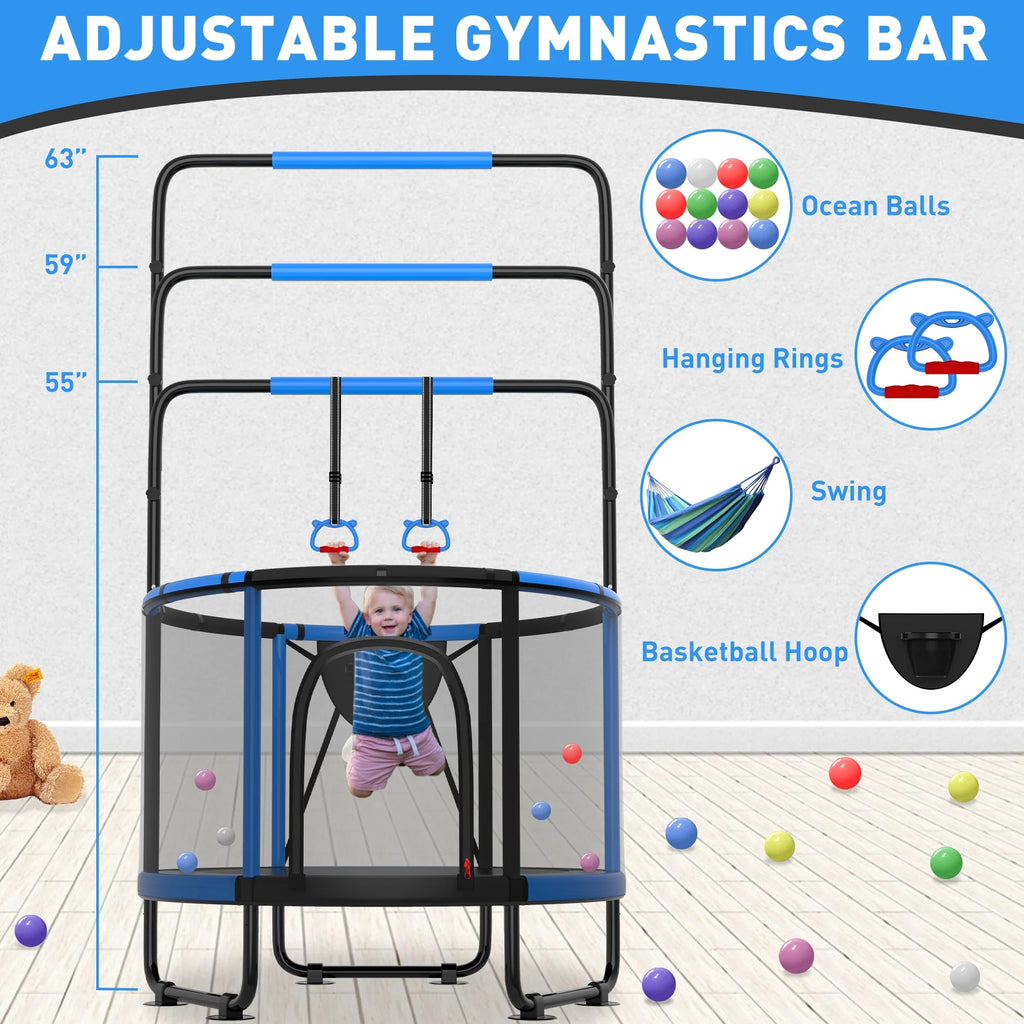 CITYLE Trampoline for Kids 600LBS 60'' 5FT Toddler Trampoline Indoor Outdoor with Basketball Hoop, Swing, Adjustable Bar, Mini Small Trampoline with Enclosure, Gifts for Toddlers, Boys & Girls