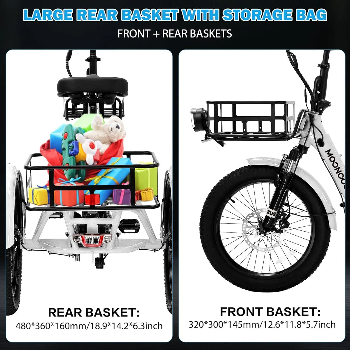 MOONCOOL TK1 Folding Electric Tricycle for Adults,48V 14.5Ah Removable battery, 500W��Peak 1000w��Motor, 20" Fat Tire Step-Thru 3Wheel Electric Bicycle w/Front&Rear Baskets, Certified to UL 2849 by SGS